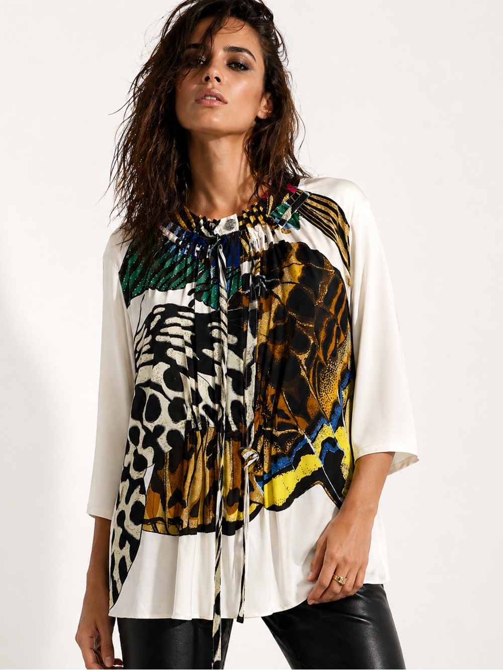 Roberto Cavalli Silk Print Sheer Top Animal Butterfly Ivory Y2K | M‎